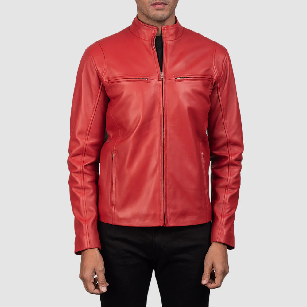 Bold and stylish red leather jacket for men, offering a slim-fit cafe racer look for making a powerful fashion statement.