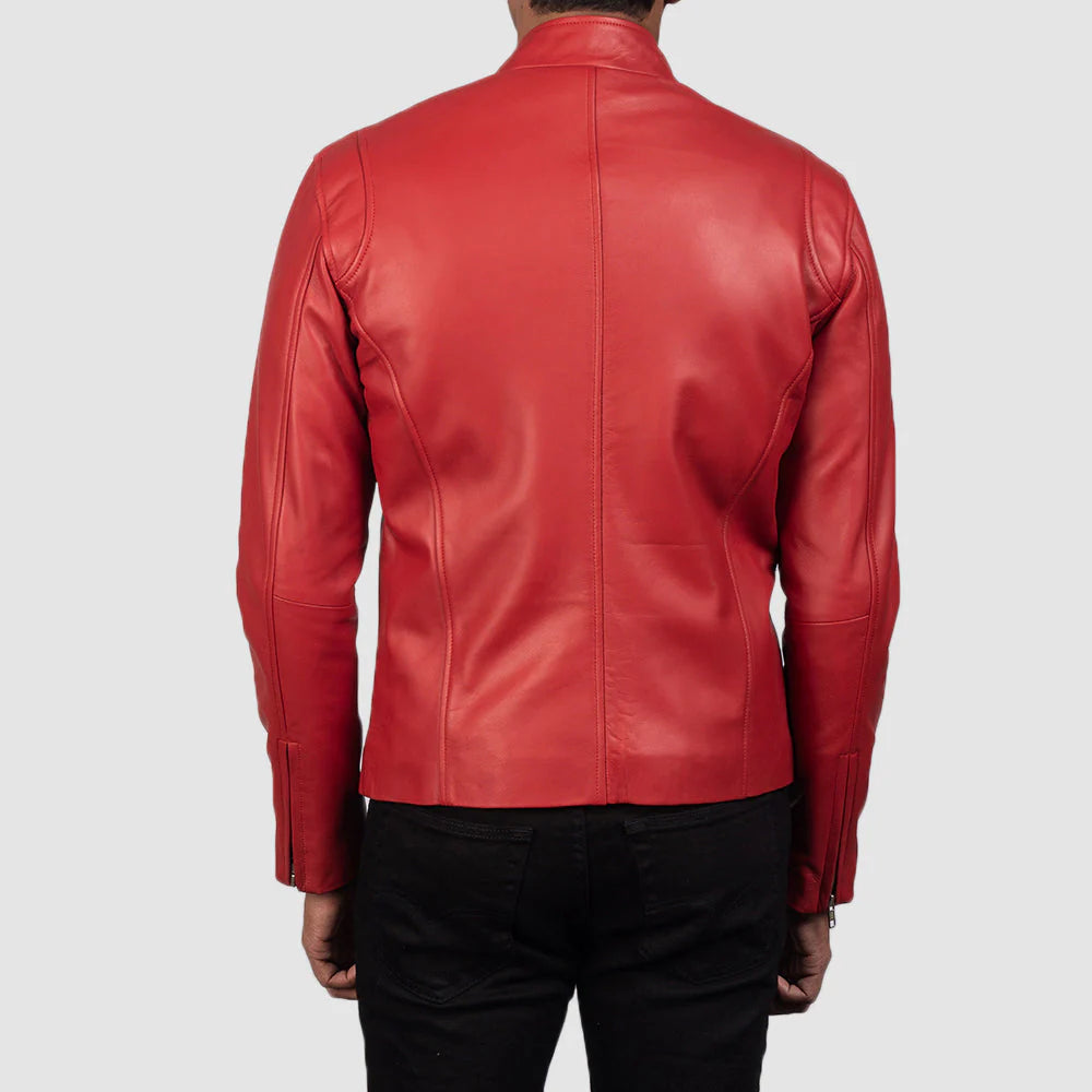 Red leather cafe racer jacket. Men's biker style, snap collar, full zip, bold color.