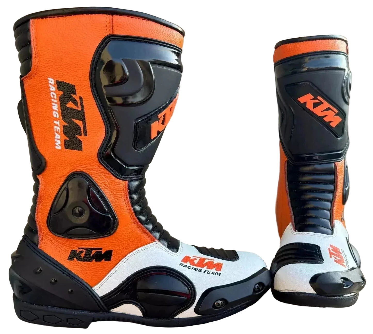KTM Racing Team leather motorcycle racing boots in orange, white, and black.