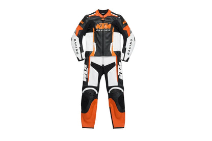 KTM Racing black and orange leather motorcycle racing suit with Red Bull branding and integrated armor.