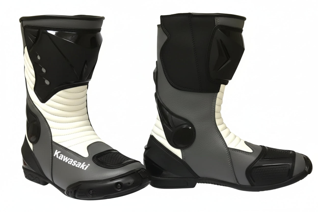 Kawasaki Ninja leather motorcycle racing boots in grey, white, and black.