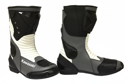 Kawasaki Ninja leather motorcycle racing boots in grey, white, and black.