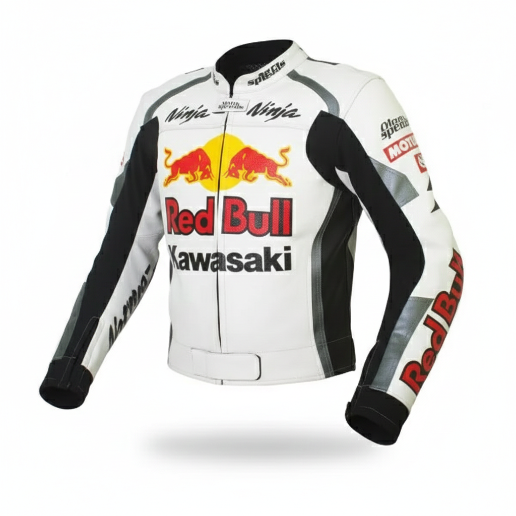 Official Kawasaki Ninja Red Bull white and black leather motorcycle racing jacket with team logos and shoulder armor.