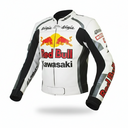 Official Kawasaki Ninja Red Bull white and black leather motorcycle racing jacket with team logos and shoulder armor.
