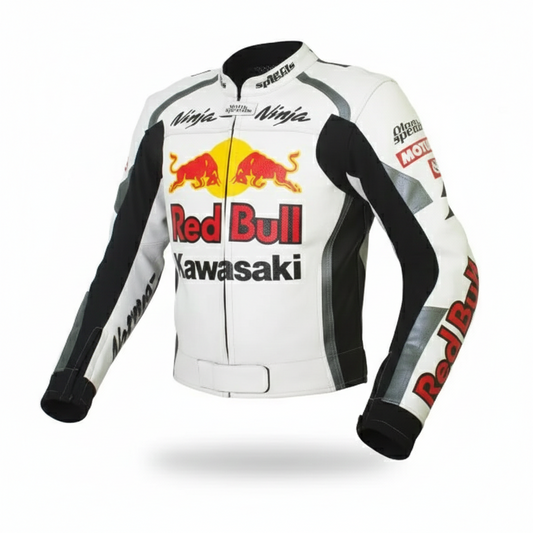 Official Kawasaki Ninja Red Bull white and black leather motorcycle racing jacket with team logos and shoulder armor.