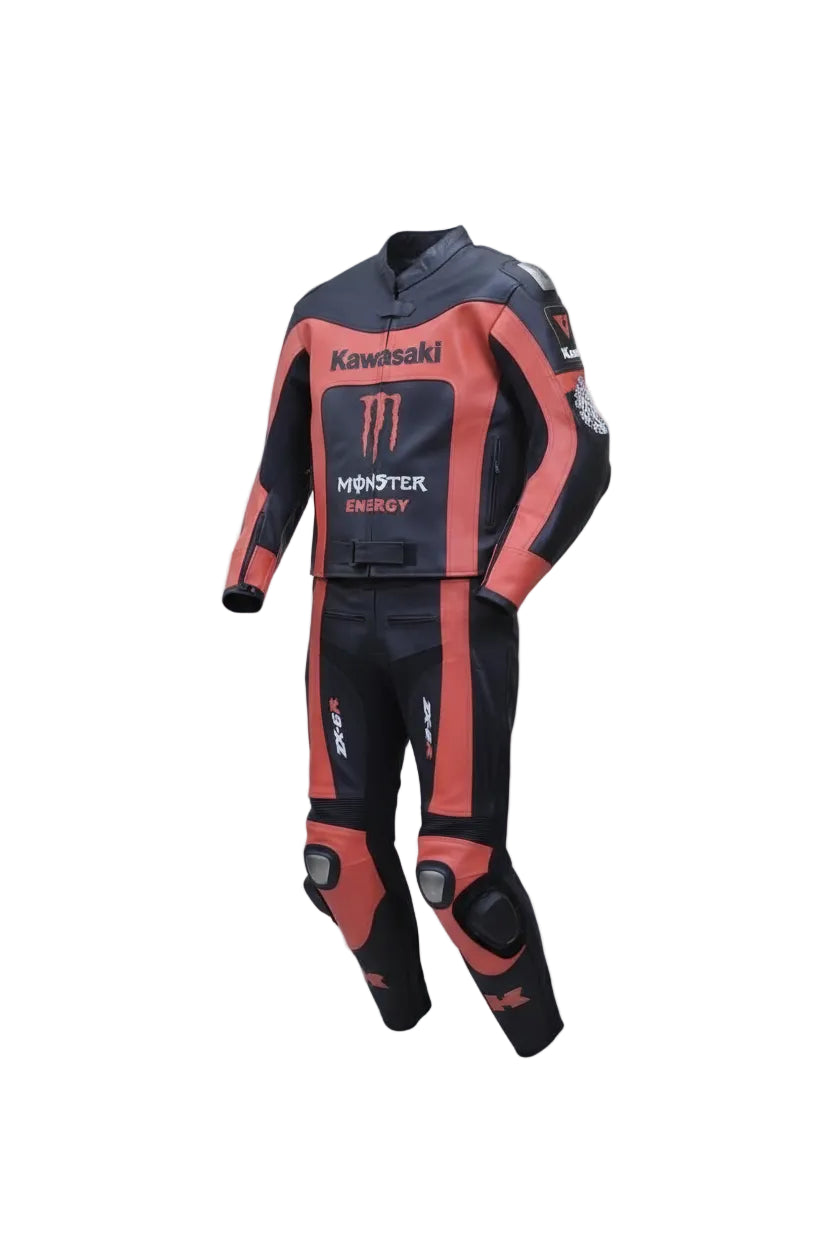 Kawasaki Monster Energy black and red leather motorcycle racing suit with ZX-6R logos and integrated armor.
