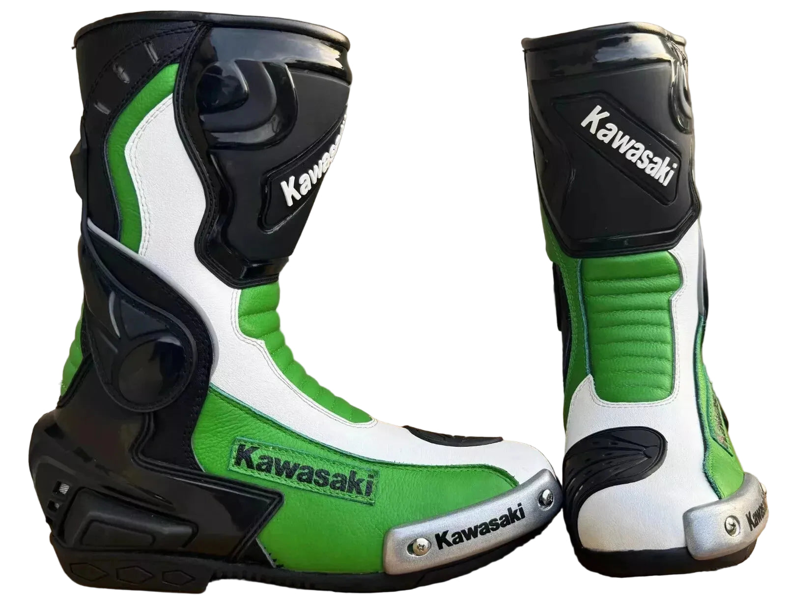 Kawasaki Ninja tricolor leather motorcycle racing boots in green, white, and black.