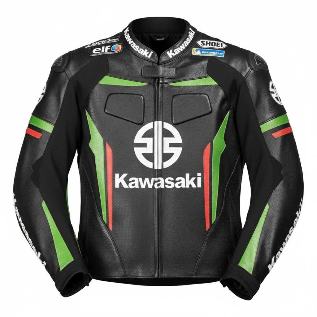 Kawasaki black, green, and red leather motorcycle racing jacket with team logos and integrated armor.