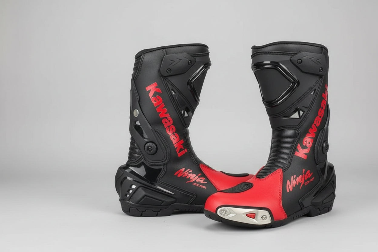 Kawasaki Ninja leather motorcycle racing boots in red and black with metallic toe sliders and shin armor.