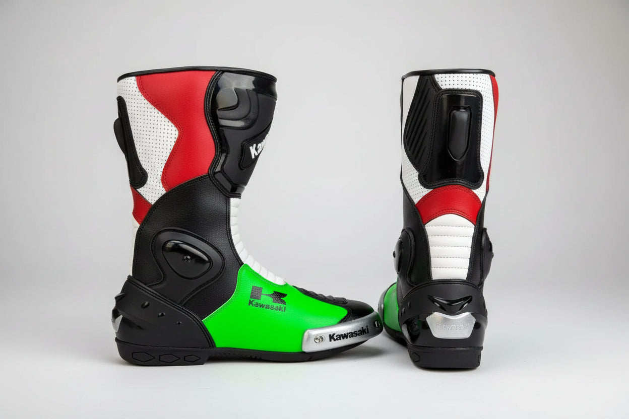 Kawasaki Ninja tricolor leather motorcycle racing boots in green, red, and white.