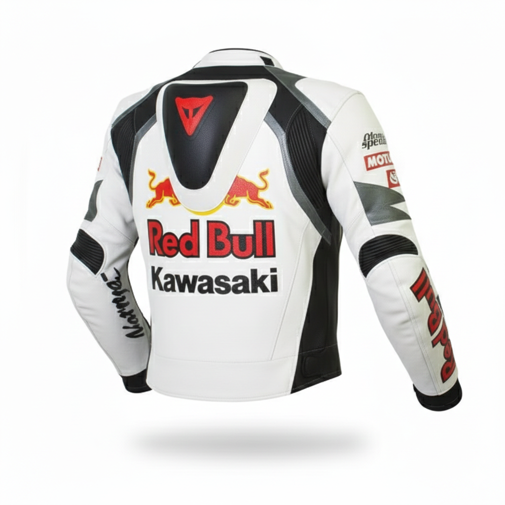 Detailed view of the Red Bull chest logo, Kawasaki branding, and technical leather panels on a professional racing jacket.