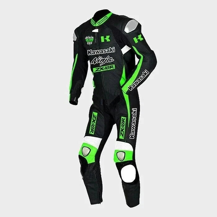 Kawasaki Ninja ZX-10R black and neon green leather motorcycle racing suit with integrated armor and factory logos.