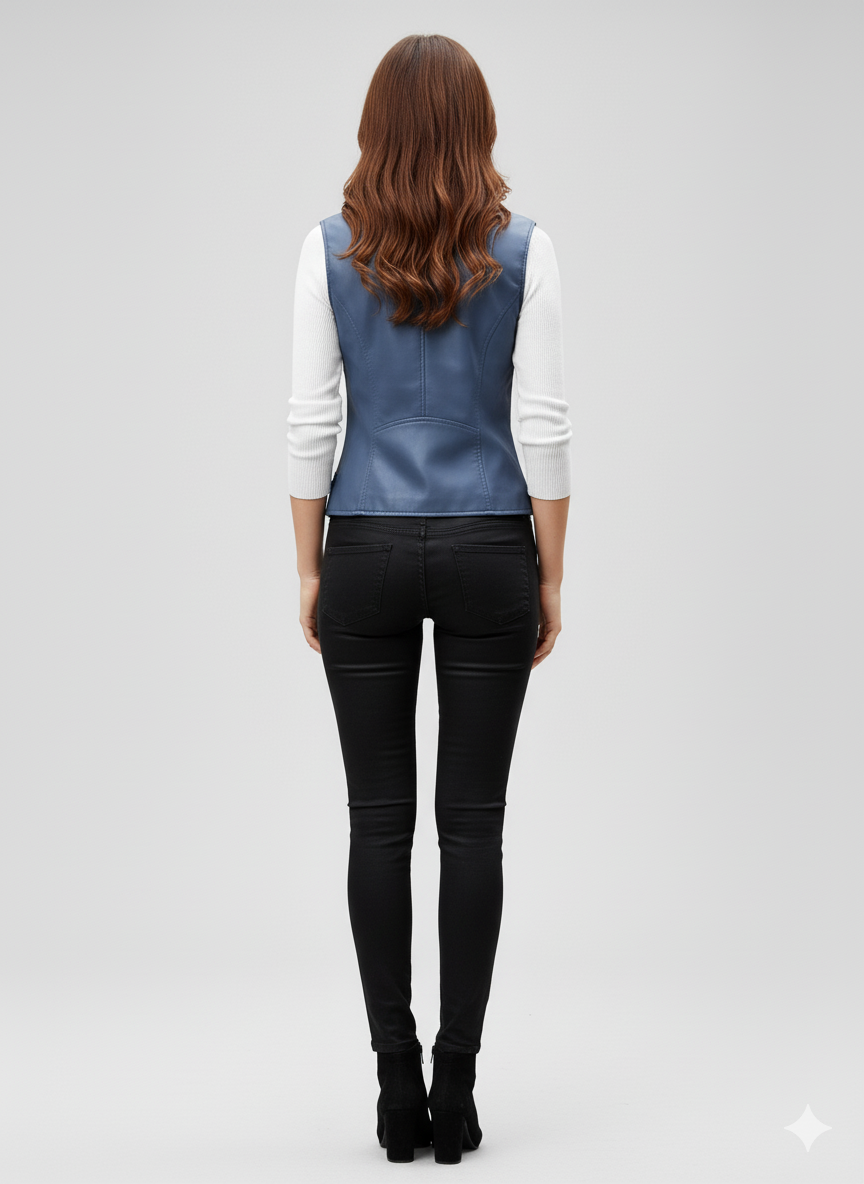 Women's light blue leather biker vest with asymmetrical zip, lapel collar, and silver-tone hardware.