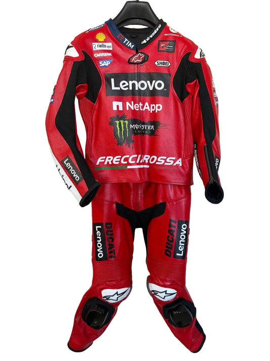 Ducati Lenovo two-piece leather motorcycle racing suit in red and black with full MotoGP sponsor livery.