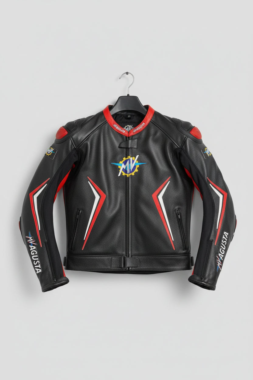 MV Agusta black, red, and white leather motorcycle racing jacket with heritage logo and integrated armor.