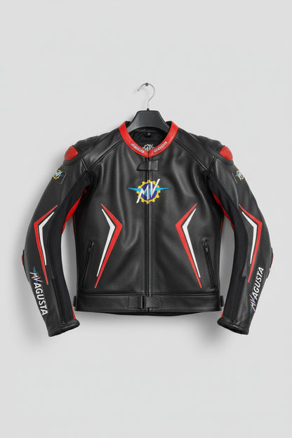 MV Agusta black, red, and white leather motorcycle racing jacket with heritage logo and integrated armor.