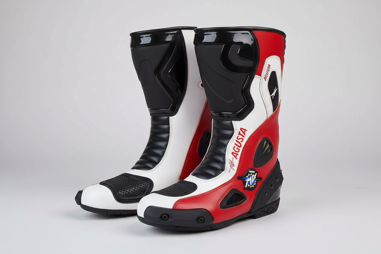 MV Agusta leather motorcycle racing boots in red, white, and black with shin armor.