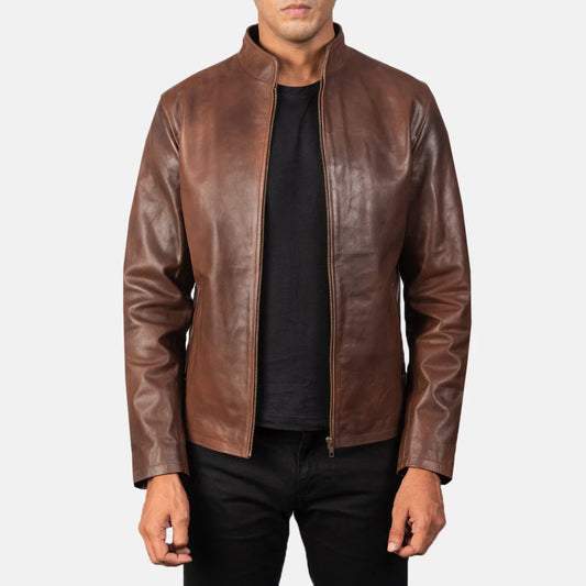 Men's classic brown leather cafe racer jacket. Slim fit minimalist biker style with a snap band collar.