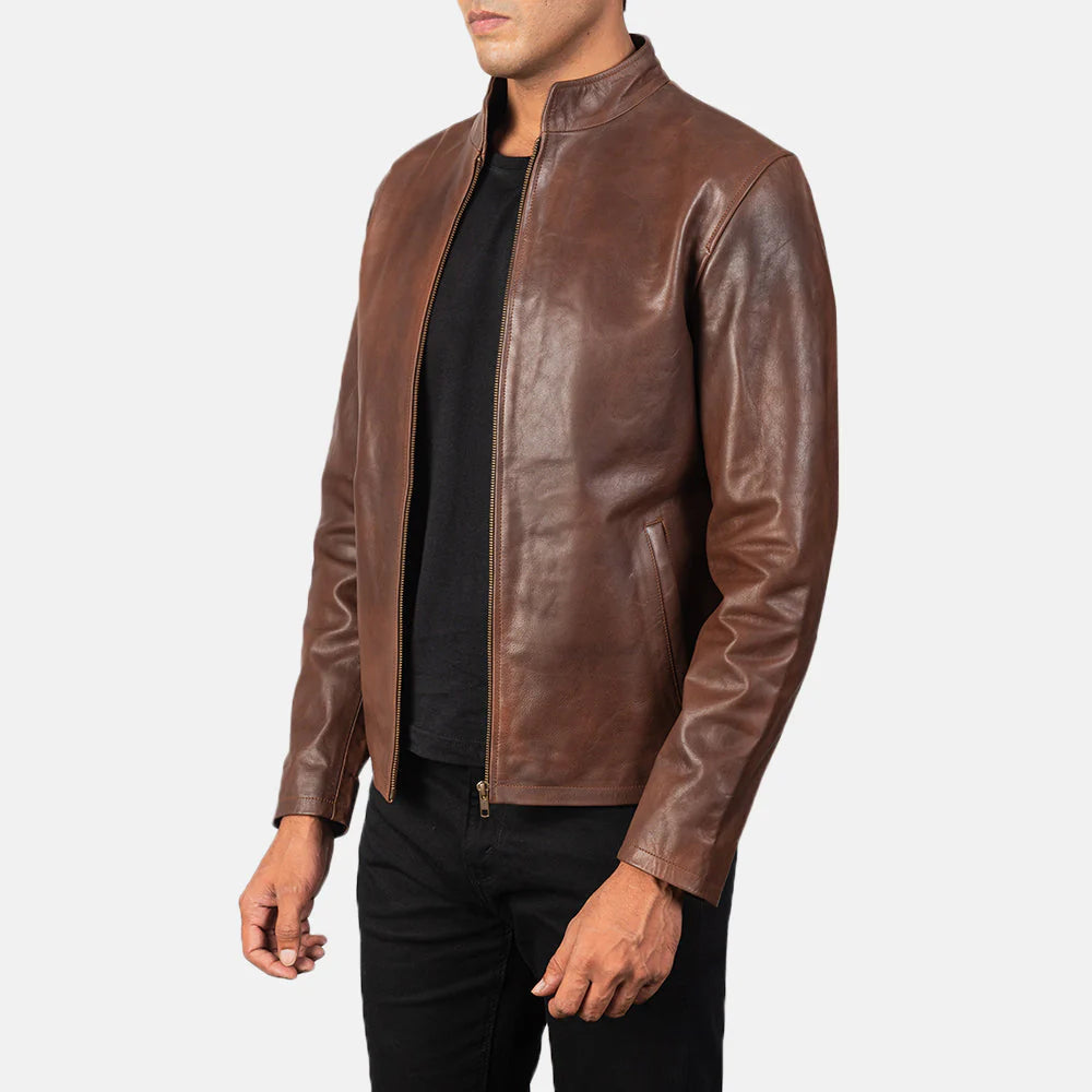 Brown leather biker jacket. Cafe racer, stand collar, minimalist, full zip.