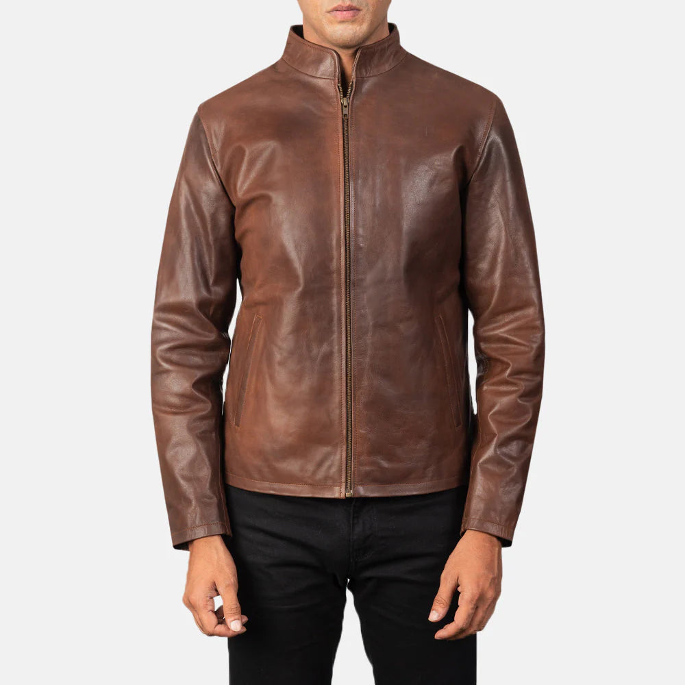 Timeless and versatile brown leather cafe racer for men, offering a refined, minimalist look for everyday urban style.