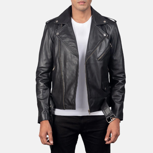 Men's classic black leather double rider biker jacket. Features an asymmetrical zip closure and a wide notched lapel.