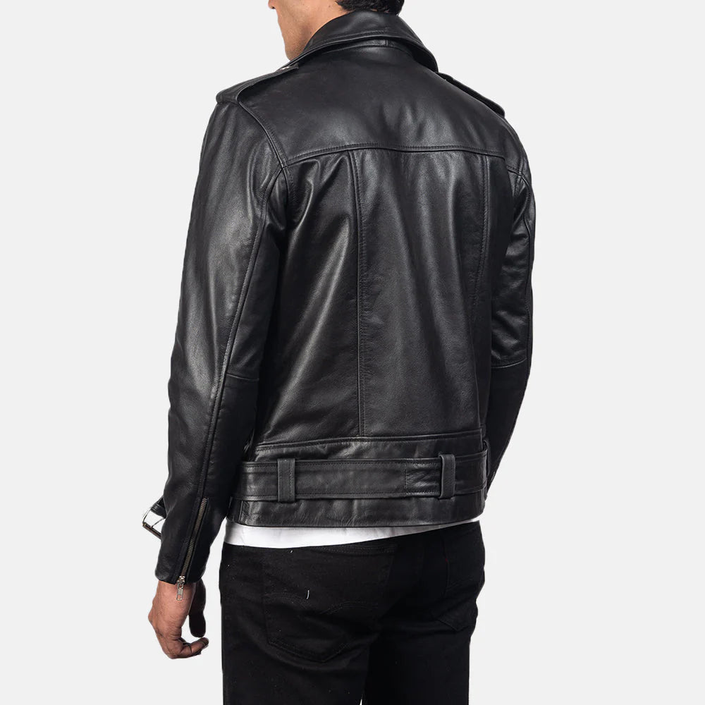 Genuine black leather double rider jacket for men, offering timeless biker style and a tailored, rugged fit.