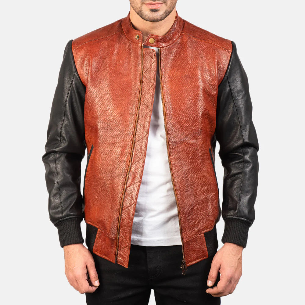 Men's Avan two-tone leather bomber jacket. Black sleeves and a burnished maroon textured body with ribbed trims.