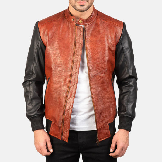 Men's Avan two-tone leather bomber jacket. Black sleeves and a burnished maroon textured body with ribbed trims.