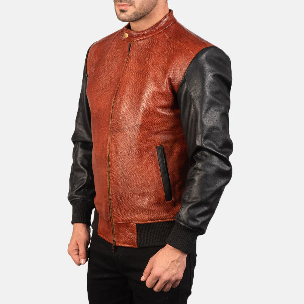 Stylish two-tone leather bomber jacket for men, offering a unique snakeskin-like texture and bold black and maroon contrast.