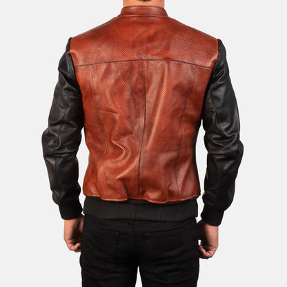Black and maroon leather bomber. Two-tone, embossed texture, snap collar, ribbed hem.
