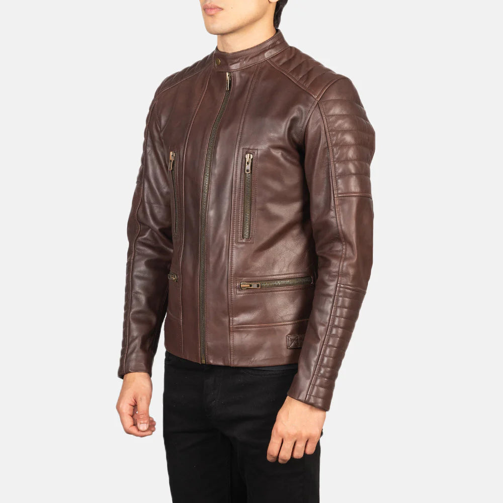 Distressed brown leather jacket. Double rider, quilted shoulders, vintage motorcycle style.
