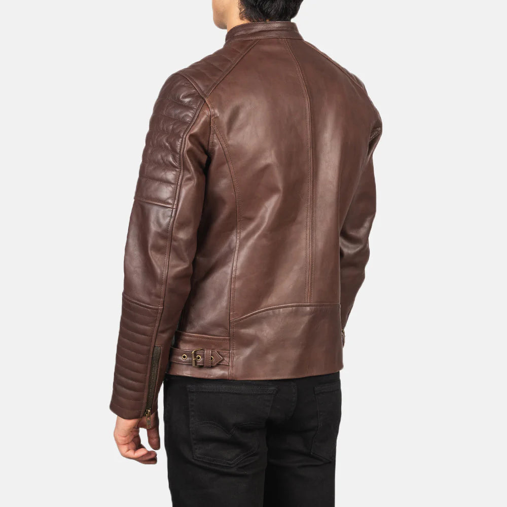 Men's Danny Quilted Distressed Brown Leather Biker Jacket. Vintage double rider style with diamond quilted shoulders.