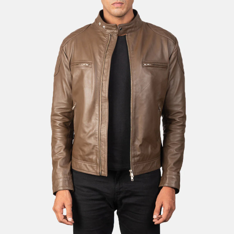 Men's Gatsby Mocha Brown Leather Cafe Racer Jacket. Sleek minimalist biker style with a stand collar and zippered chest pockets.