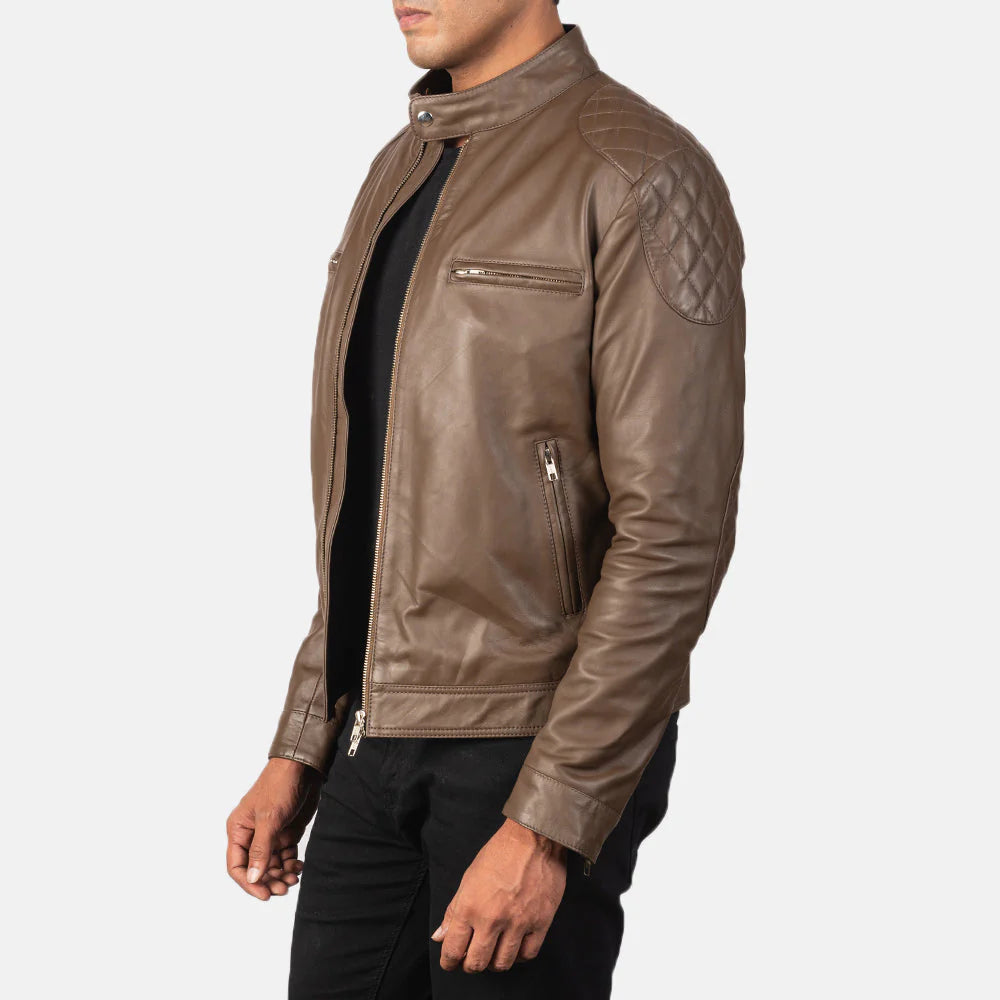 Refined mocha brown leather jacket for men, offering a tailored fit and classic cafe racer design for modern style.