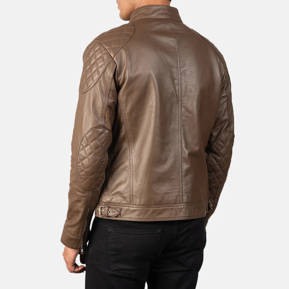 Mocha brown leather jacket. Cafe racer, stand collar, minimalist design, full zip.
