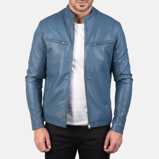 Blue leather cafe racer. Men's biker jacket, snap collar, full zip, unique color.