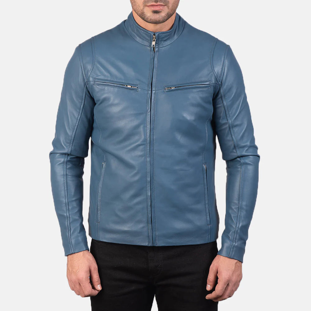 Men's Iconic blue leather cafe racer jacket. Minimalist biker style with a snap stand collar and zippered chest pockets.