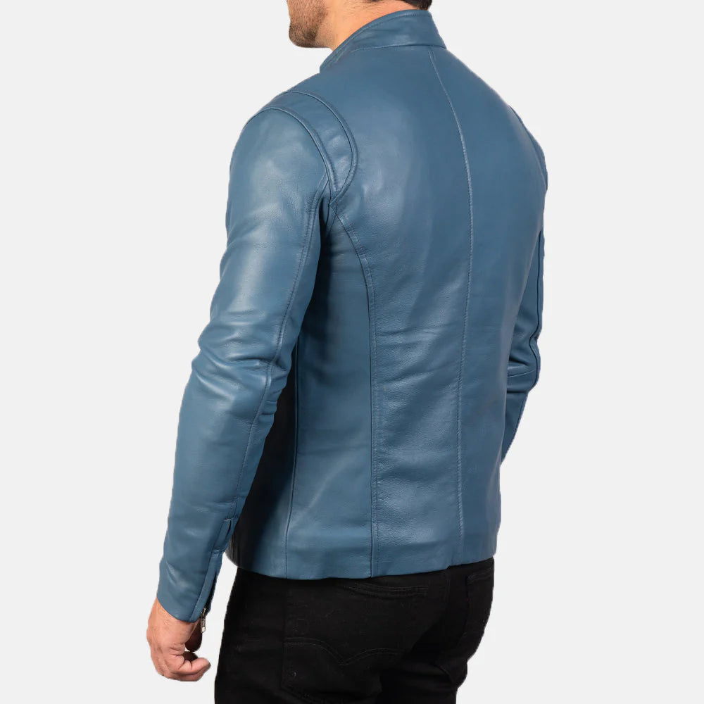 Bold and modern blue leather jacket for men, offering a tailored fit and classic cafe racer design for distinctive style.