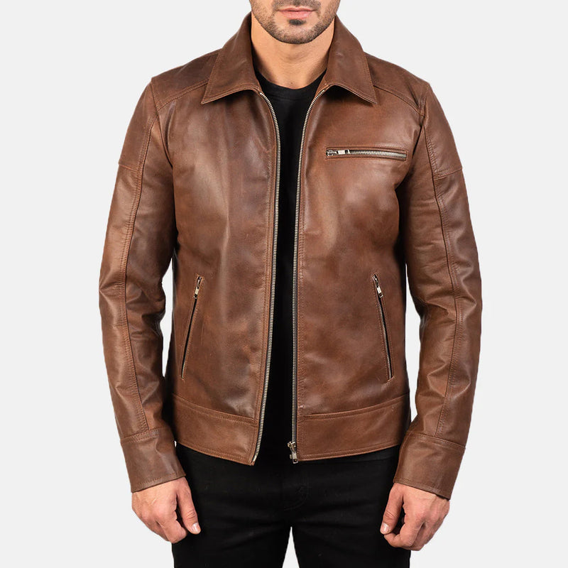 Men's Lavendard Brown Leather Biker Jacket. Classic point collar style with zippered chest pockets.