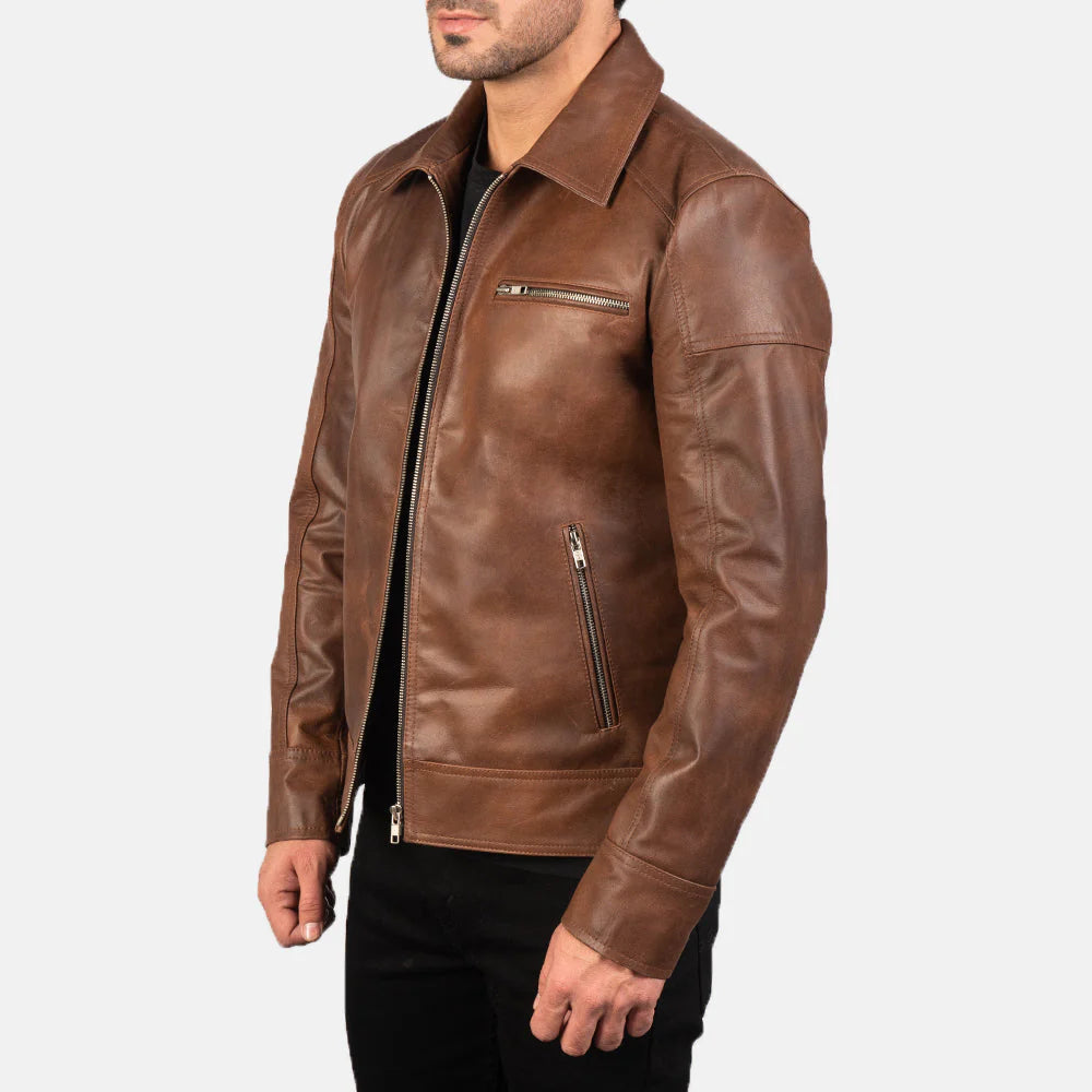Versatile brown leather jacket for men, featuring a unique point collar design for a smart-casual, rugged look.