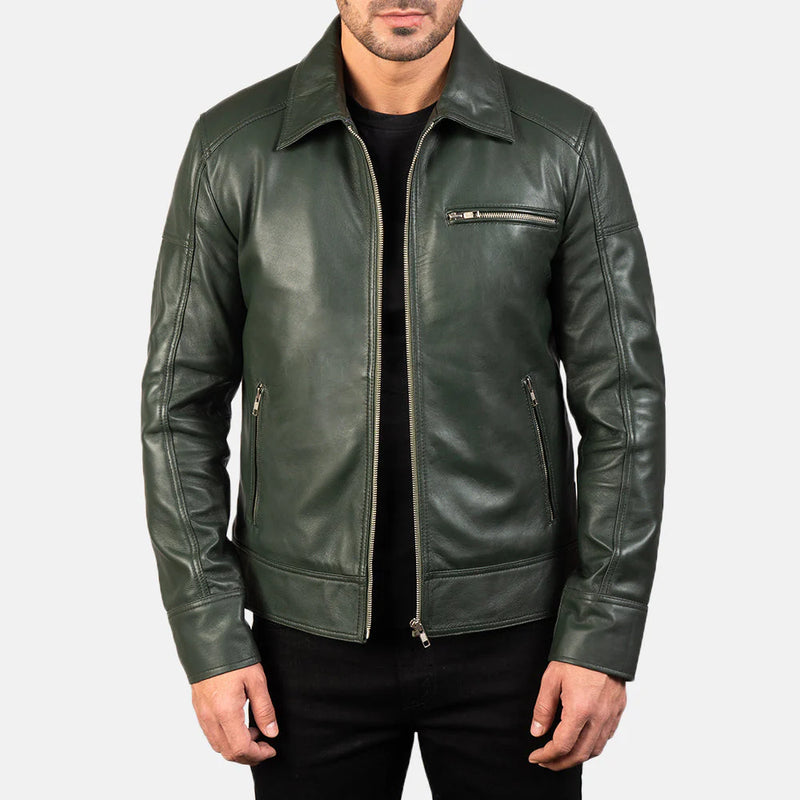 Men's Lavendard Forest Green Leather Biker Jacket. Classic point collar style with zippered chest pockets.