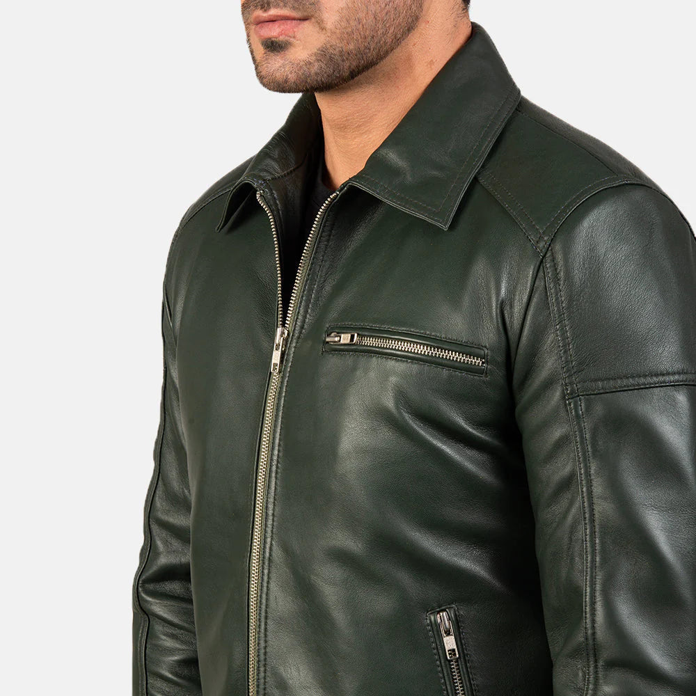 Unique forest green leather jacket for men, featuring a classic point collar design for a versatile, sophisticated look.