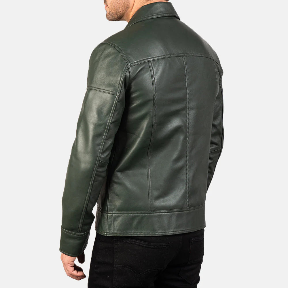Green leather jacket. Point collar, full zip, moto style, dark green color.