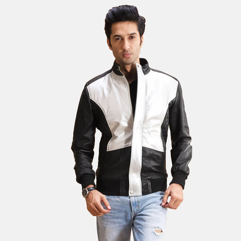 Men's Spade black and silver two-tone leather bomber jacket. Color block style with ribbed cuffs and band collar.