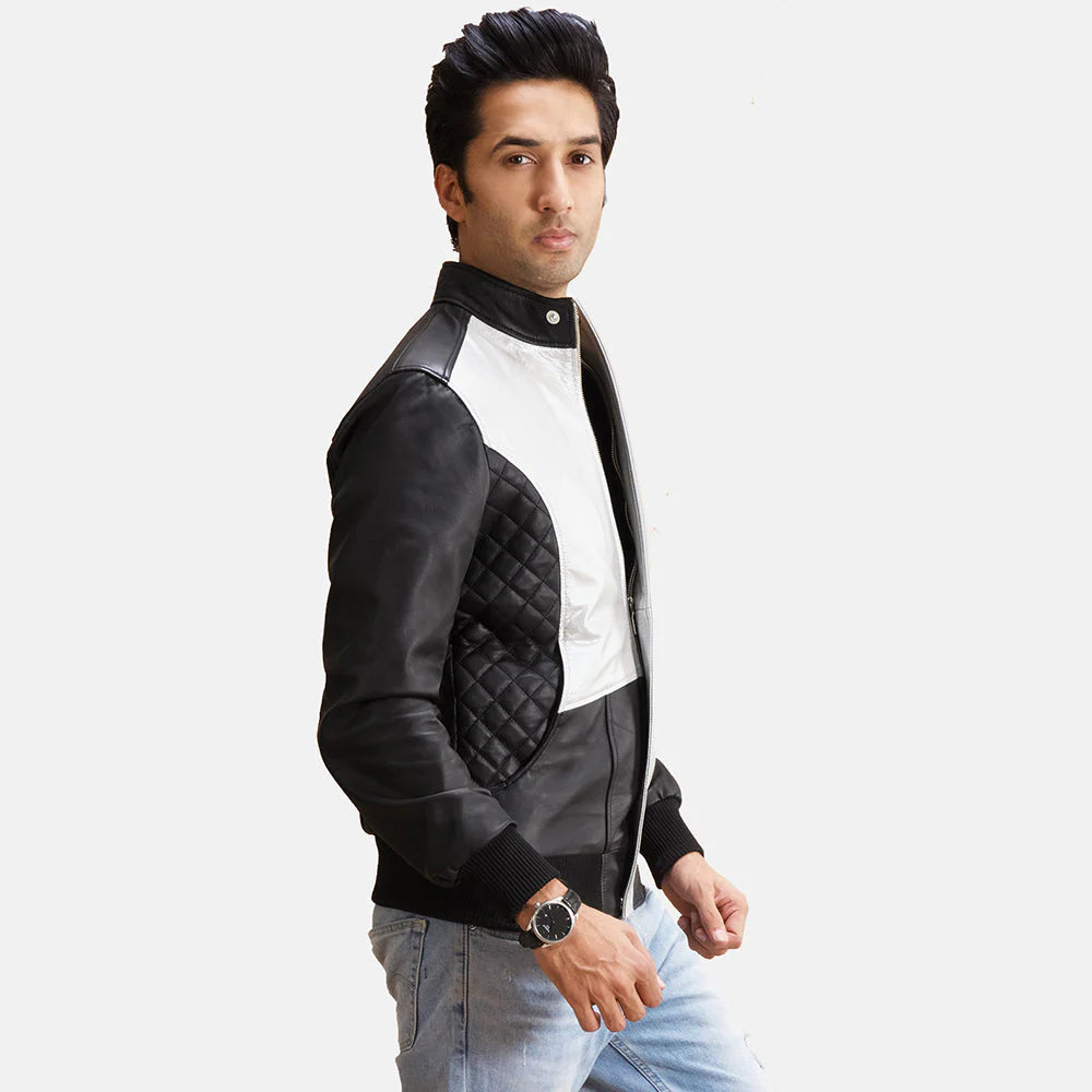 Unique two-tone black and silver leather bomber jacket for men, offering a high-impact, retro color-block design.