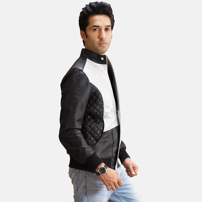 Unique two-tone black and silver leather bomber jacket for men, offering a high-impact, retro color-block design.