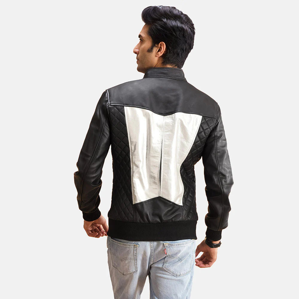 Two-tone leather bomber jacket. Black, silver/white, color block, snap collar.