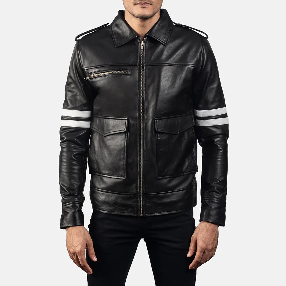 Men's Darren Black Leather Field Jacket. Four-pocket utility style with a buckled band collar and brass snaps.