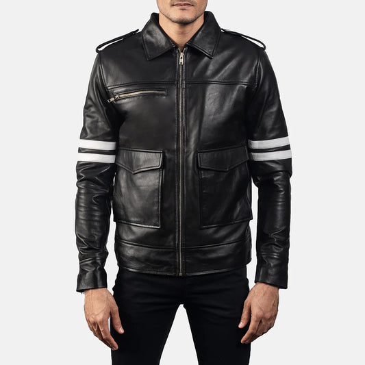 Men's Darren Black Leather Field Jacket. Four-pocket utility style with a buckled band collar and brass snaps.