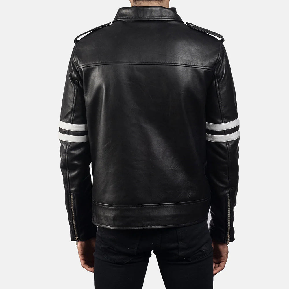 Black leather field jacket. Four pockets, buckled collar, cowhide, brass hardware.